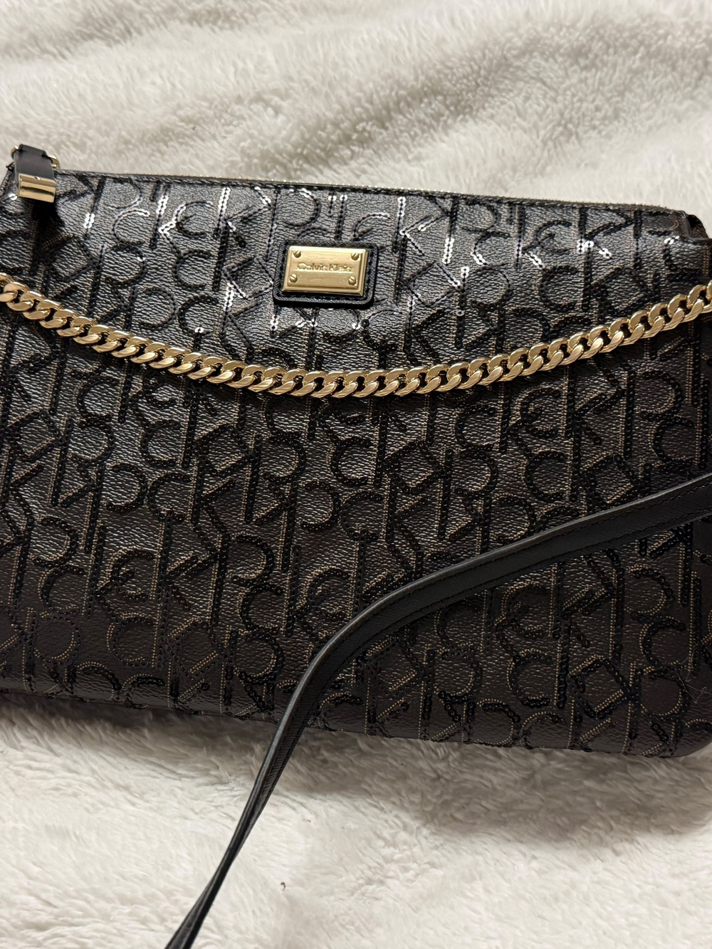 Calvin Klein Black Monogram Crossbody with Gold Chain Accent